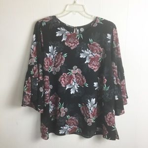 Bobeau Floral Plus Size 2X Women Black Flowers 3/4